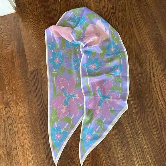 Vintage Vera Pink, Teal Blue, Green & Lavender Floral Silk Long Scarf - Picture 6 of 6
